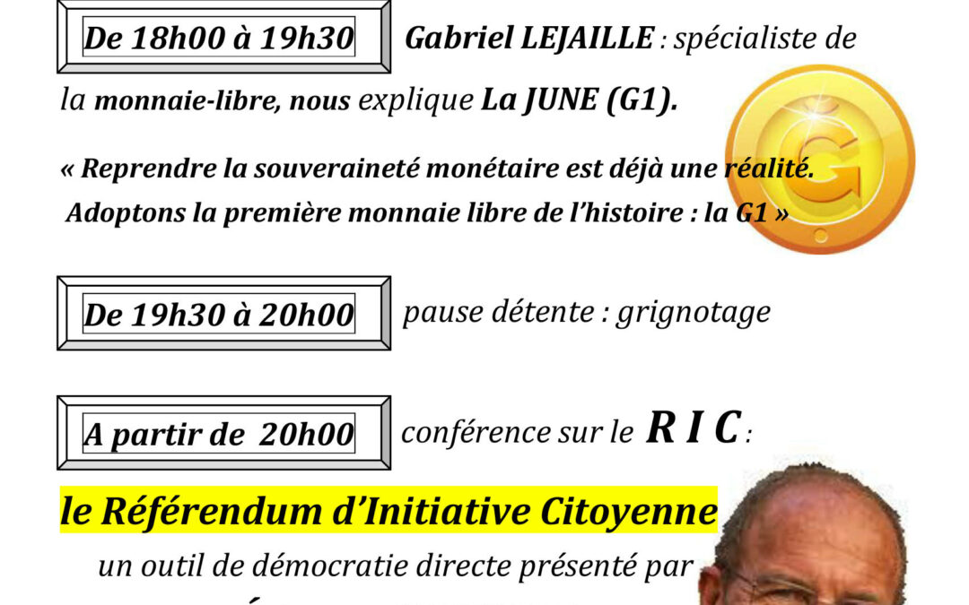 Rendez-vous à Millau mardi 5 novembre 2019 pour parler de monnaie libre et de RIC + ateliers constituants, avec les Gilets jaunes de l’Aveyron